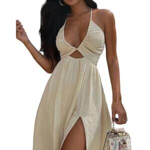 Micas Women's Small Wheat Tan Backless Sleeveless V-Neck Slit Midi Dress